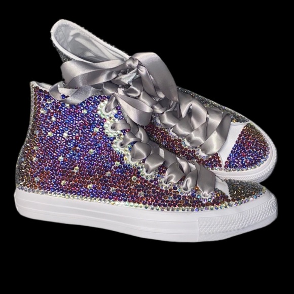 Meridian Blue Crystal High Top Converse Sizes 5-14 New In Box With Ribbon laces - Picture 3 of 15